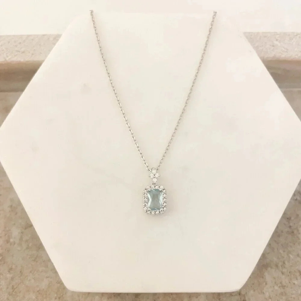925 Sterling Silver Aquamarine Pendant Necklace Dainty CZ Diamond Necklace